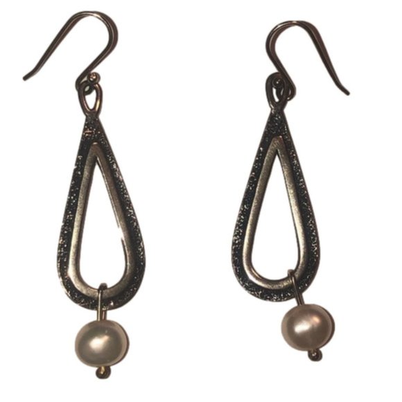 Vintage Jewelry - VTG Pearl Sterling Hammered Large Teardrop Dangle Earrings 925 Isreal